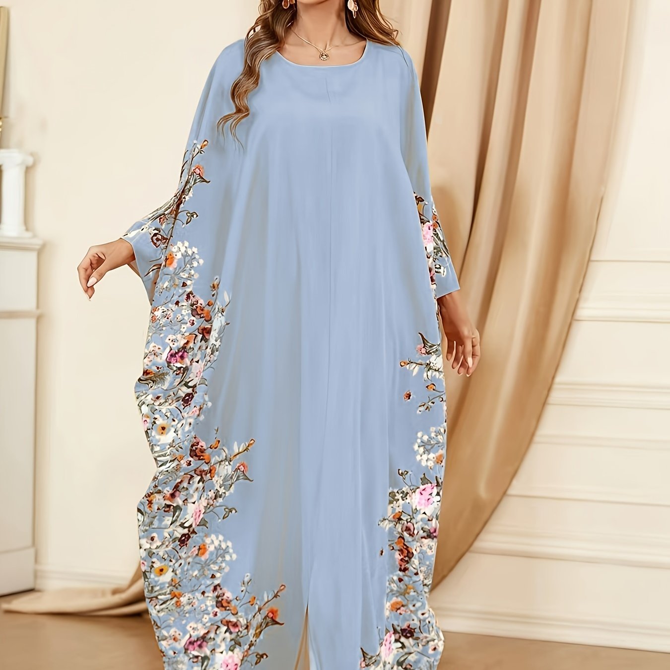 Floral Print Crew Neck Kaftan Abaya
