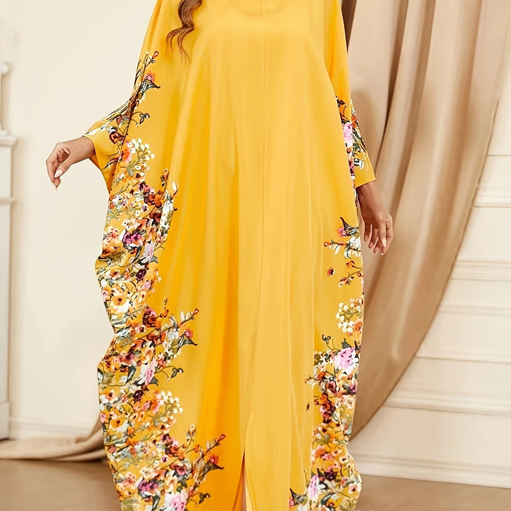 Floral Print Crew Neck Kaftan Abaya