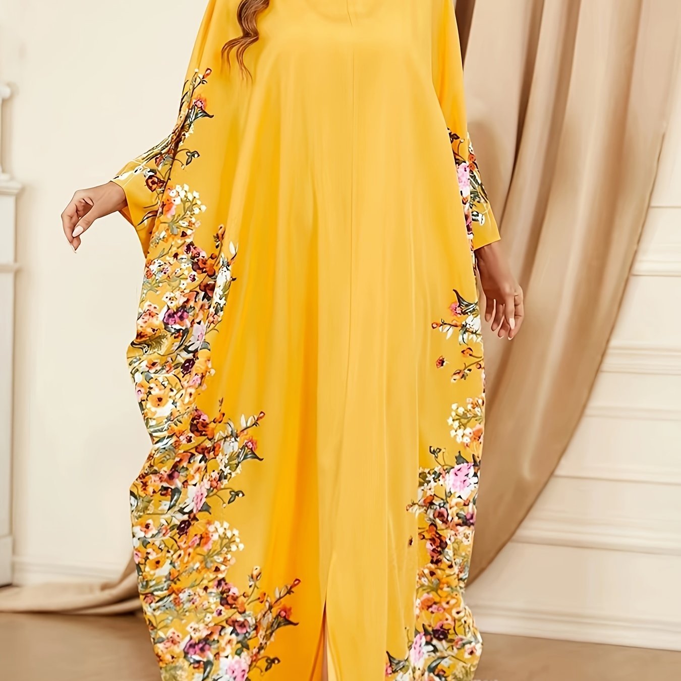 Floral Print Crew Neck Kaftan Abaya