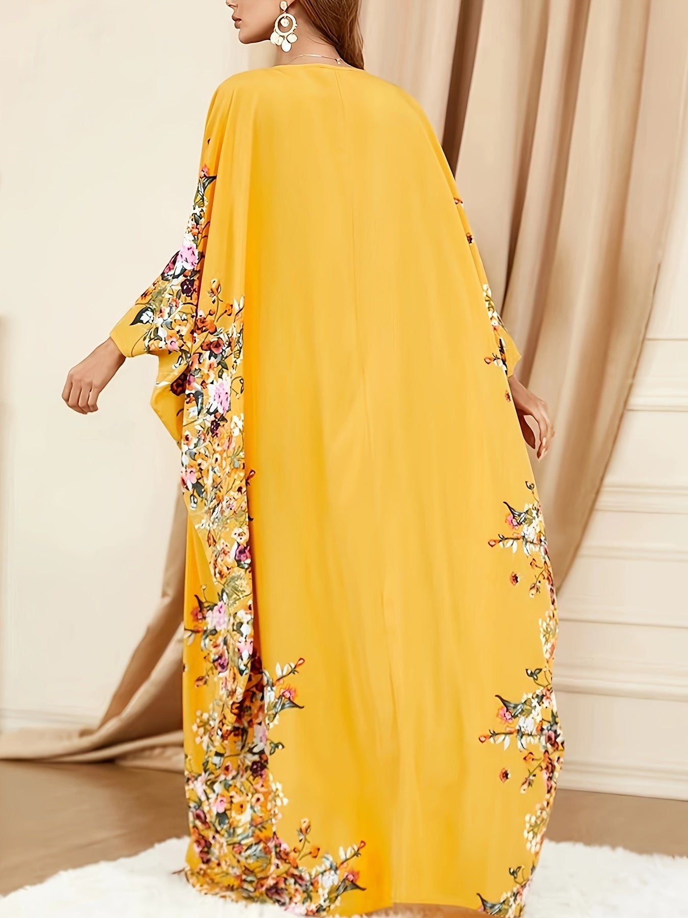 Floral Print Crew Neck Kaftan Abaya
