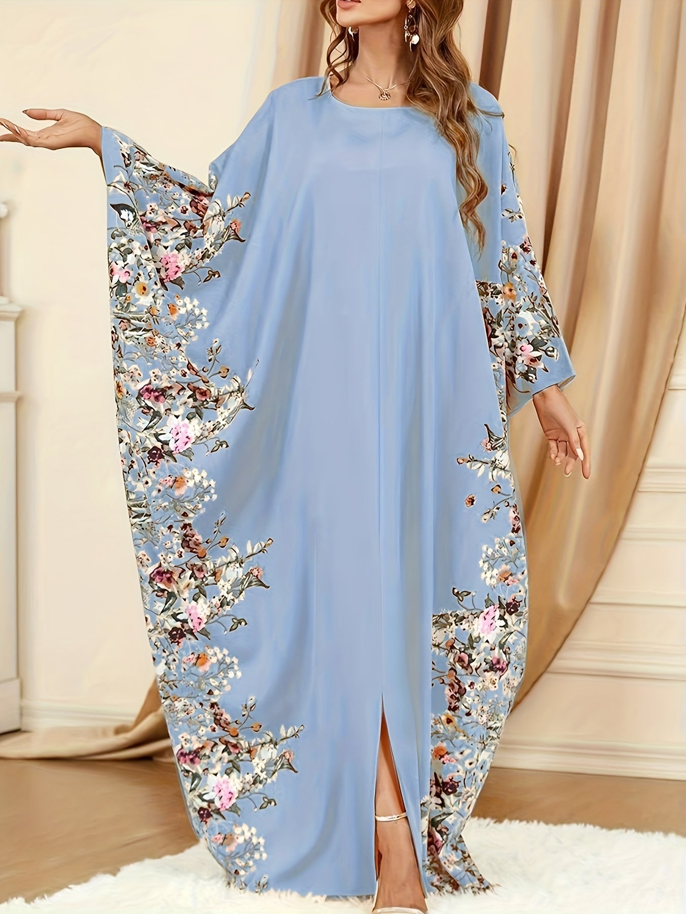 Floral Print Crew Neck Kaftan Abaya