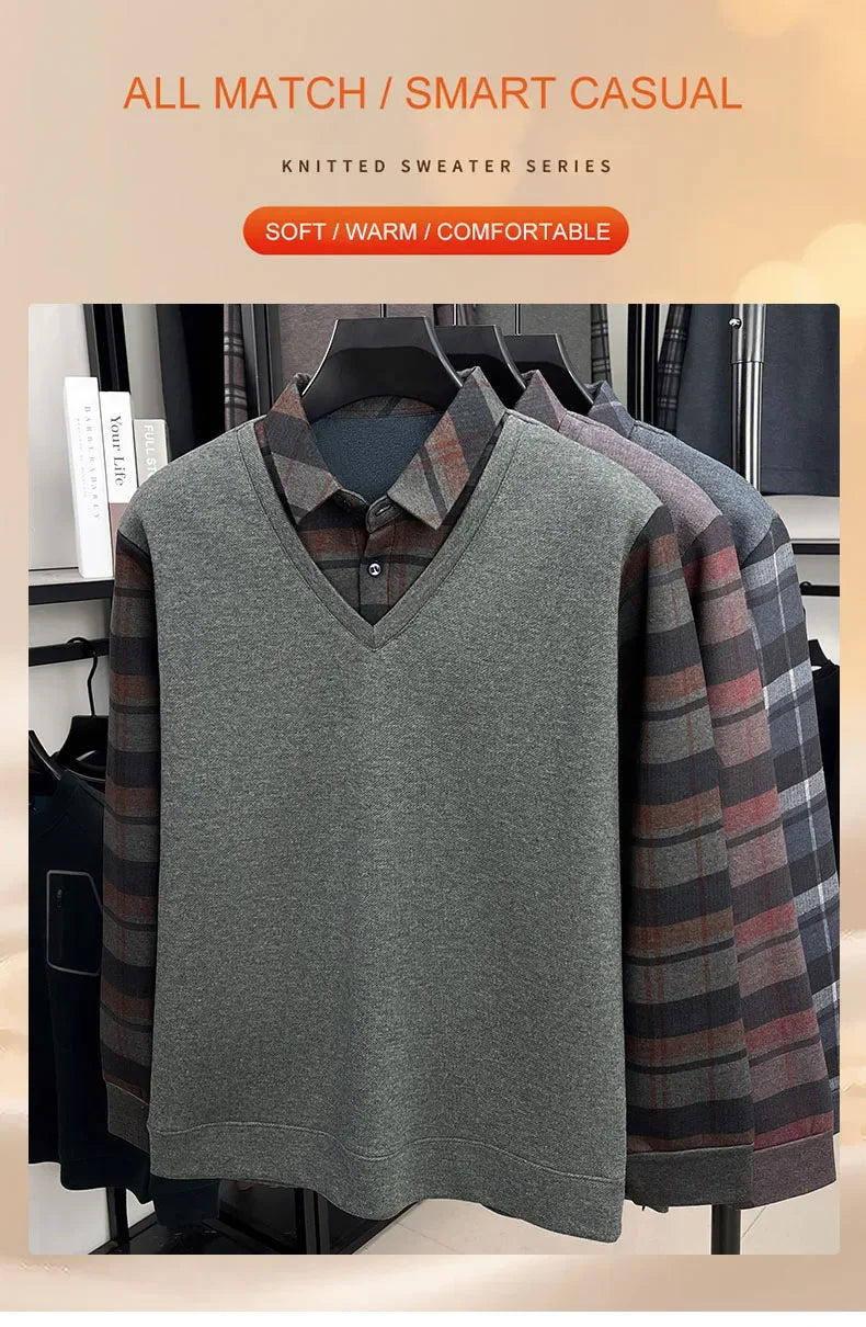 BROWON 2025 Elegant Winter T-shirt Men Thick Fleece Long Sleeve Turn Down Collar Fake Layered T-shirt Man Oversized Dad Clothes