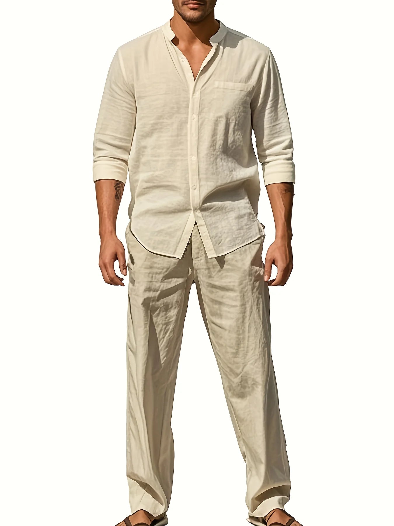 New Breathable Linen Men's Long Sleeve Shirt and Pants Spring Summer Autumn Outdoor Leisure Walking Beach Sport Outfit 1/2pieces