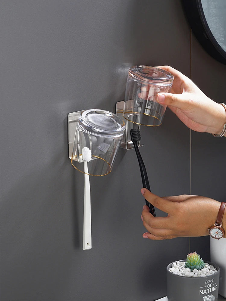 1 Piece Stainless Steel Toothbrush Wash Cup Holder, Home Perforation-Free, Wall-Mounted, Bathroom Shelf Storage Rack