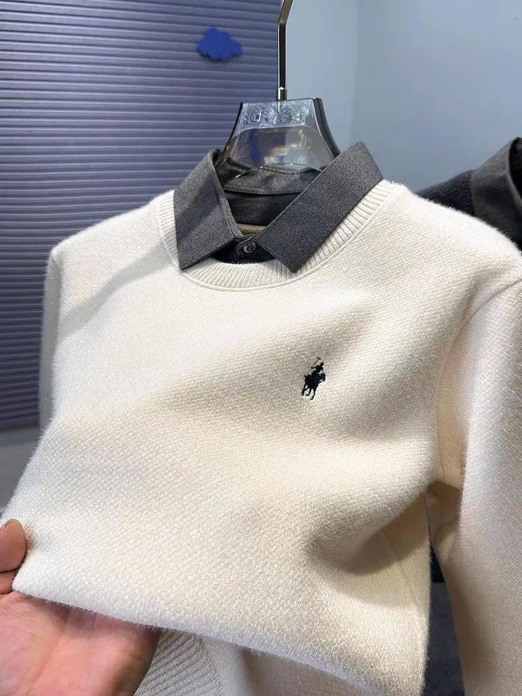 High quality velvet shirt collar sweater men's trendy luxury brand classic Paul embroidery casual top winter warm knit pullover