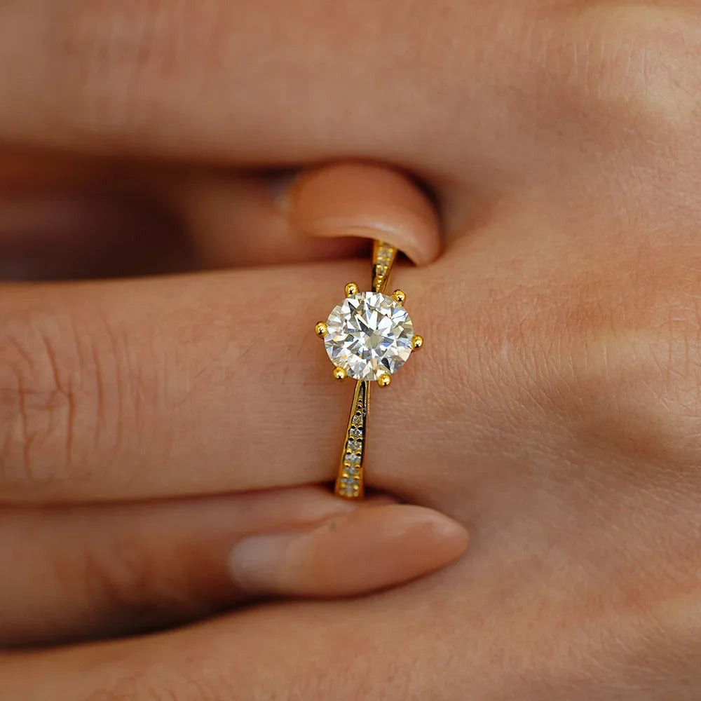 Luxury 100% Real 18k Gold Ring Women's Six-claw Diamond Ring 6.5mm Round 1ct 1 karat Moissanite Wedding Ring