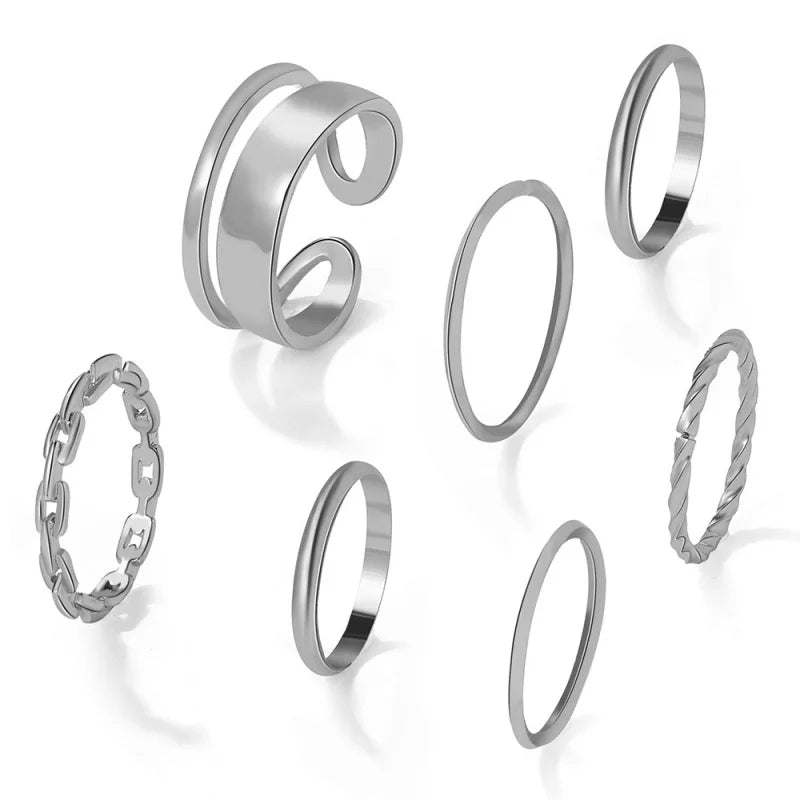 7pcs Ring European And American Alloy Metal Joint Ring Geometric Creativity Simple Ins Style Ring Combination Set