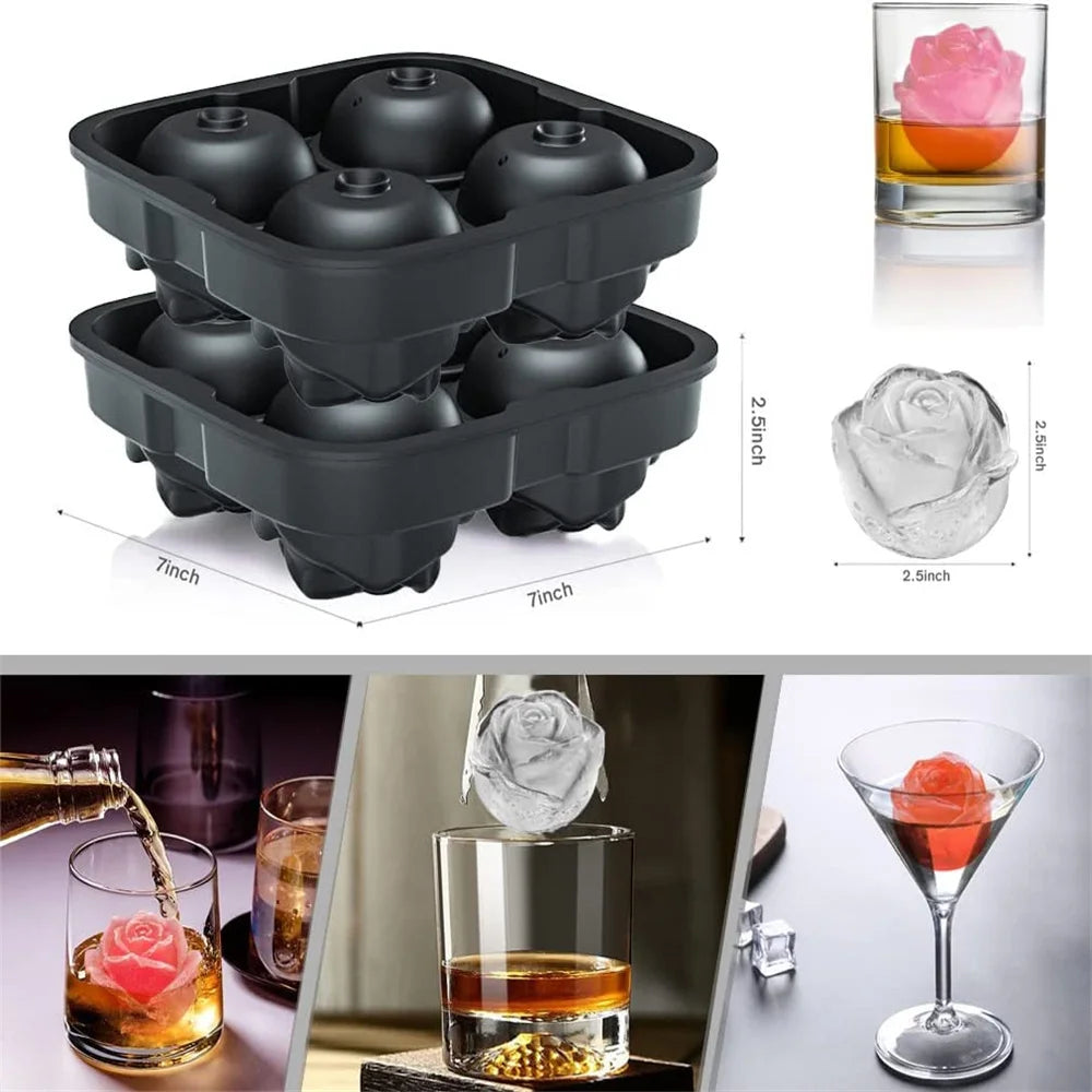 Silicone Rose Ice Cube Mold 3D Flower Shape Ice Cube Tray with Lid Ice Ball Maker for Cocktails Juice Whiskey Kitchen Gadget
