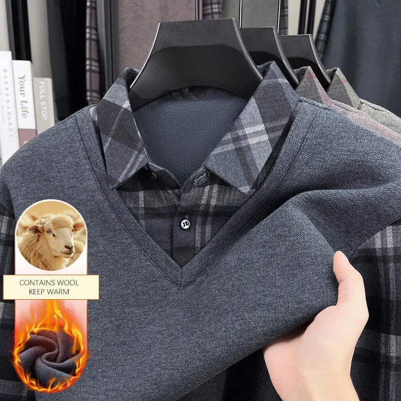 BROWON 2025 Elegant Winter T-shirt Men Thick Fleece Long Sleeve Turn Down Collar Fake Layered T-shirt Man Oversized Dad Clothes