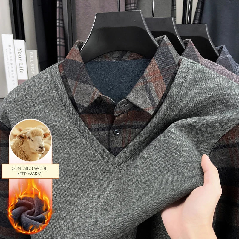 BROWON 2025 Elegant Winter T-shirt Men Thick Fleece Long Sleeve Turn Down Collar Fake Layered T-shirt Man Oversized Dad Clothes