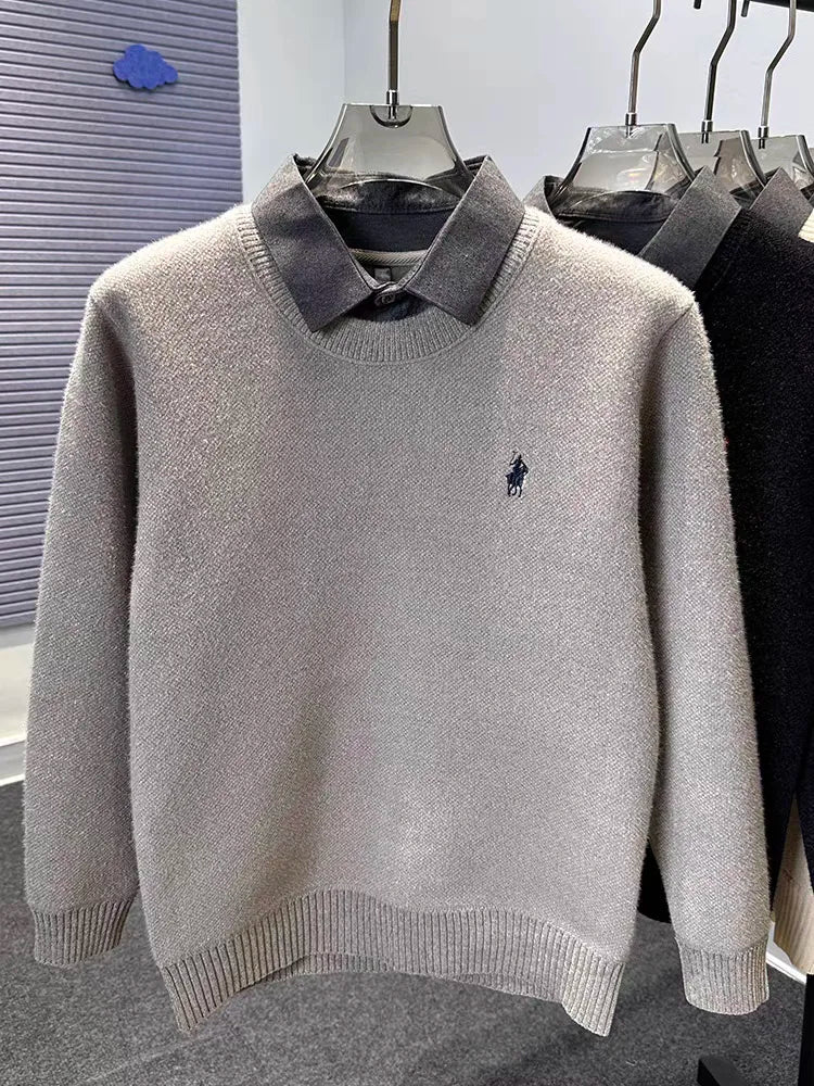 High quality velvet shirt collar sweater men's trendy luxury brand classic Paul embroidery casual top winter warm knit pullover