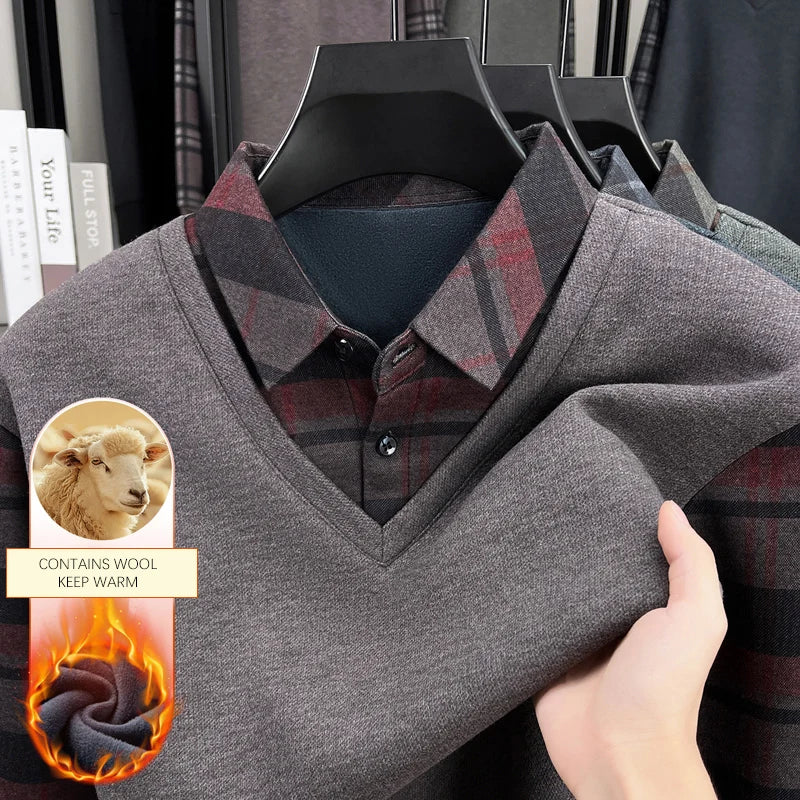 BROWON 2025 Elegant Winter T-shirt Men Thick Fleece Long Sleeve Turn Down Collar Fake Layered T-shirt Man Oversized Dad Clothes