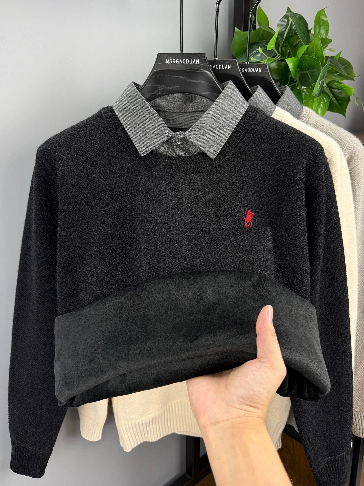 High quality velvet shirt collar sweater men's trendy luxury brand classic Paul embroidery casual top winter warm knit pullover