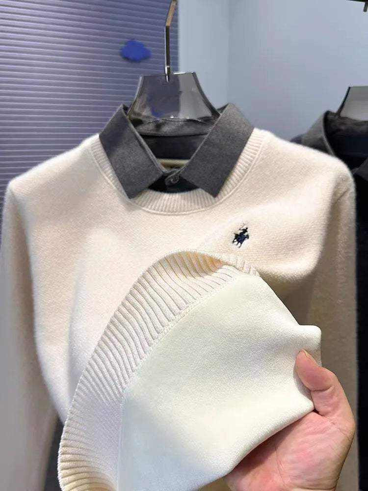 High quality velvet shirt collar sweater men's trendy luxury brand classic Paul embroidery casual top winter warm knit pullover