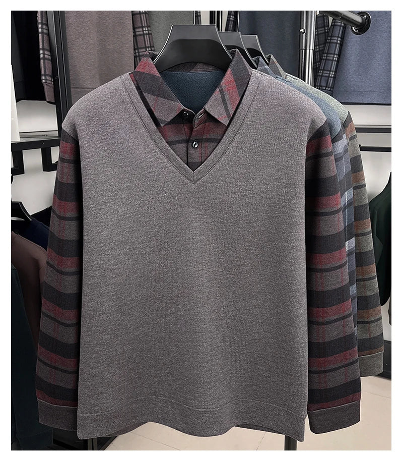 BROWON 2025 Elegant Winter T-shirt Men Thick Fleece Long Sleeve Turn Down Collar Fake Layered T-shirt Man Oversized Dad Clothes