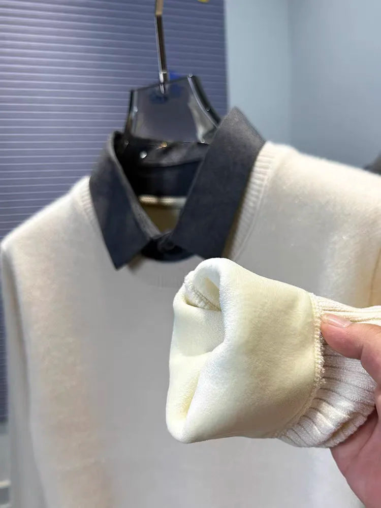 High quality velvet shirt collar sweater men's trendy luxury brand classic Paul embroidery casual top winter warm knit pullover