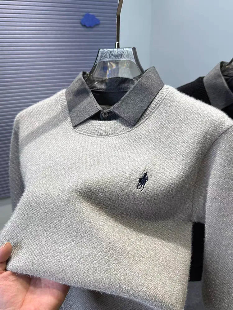 High quality velvet shirt collar sweater men's trendy luxury brand classic Paul embroidery casual top winter warm knit pullover