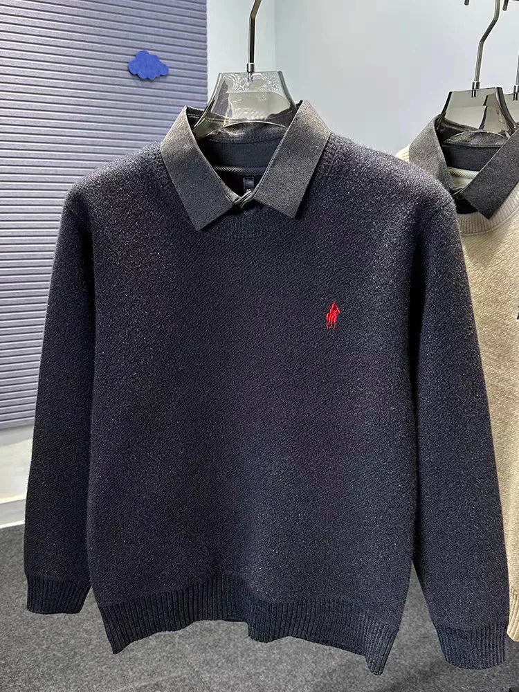 High quality velvet shirt collar sweater men's trendy luxury brand classic Paul embroidery casual top winter warm knit pullover