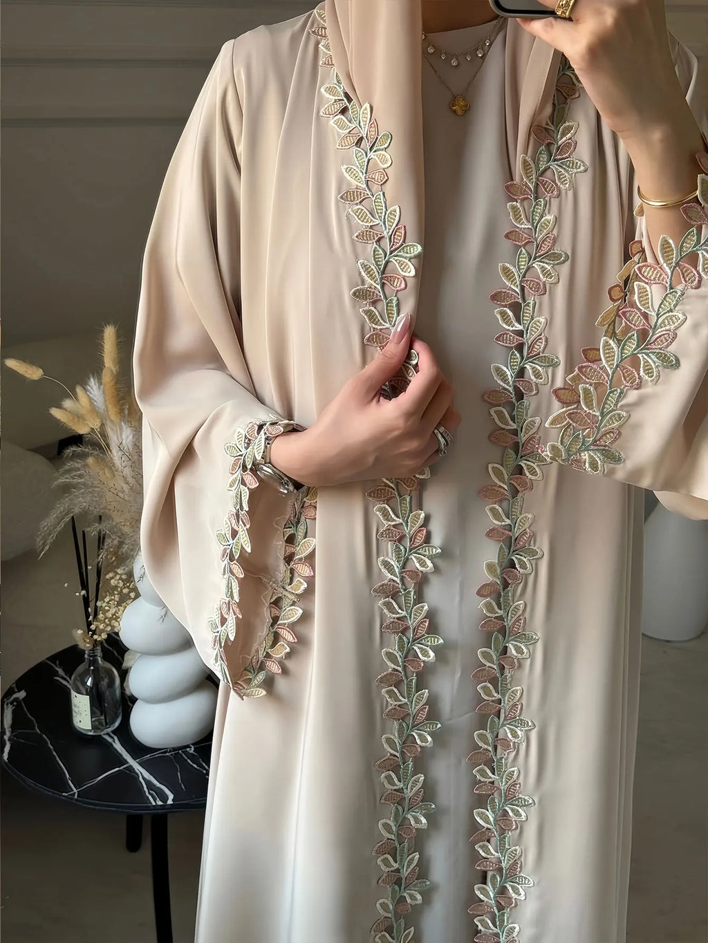 Green Muslim Abaya Long length Robe with Artistic Leaf Embroidery for Women Seeking a Blend of Traditional and Stylish Design