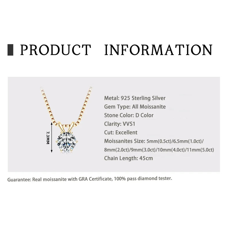 RAPRGOLD Certified 0.5-5ct Moissanite Pendant Necklaces S925 Sterling Silver Solitaire Necklace Chains For Women Jewellry Gifts