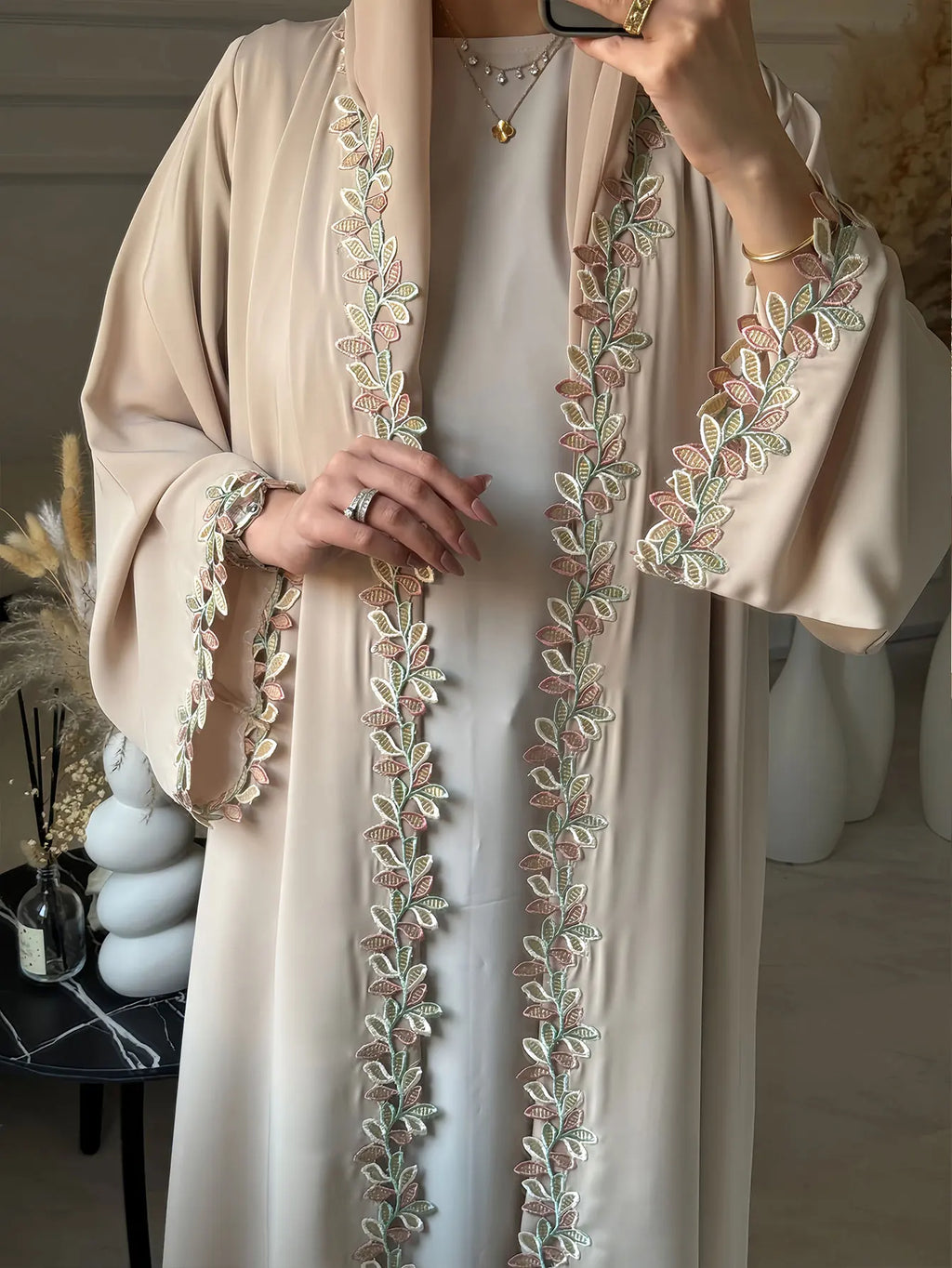 Green Muslim Abaya Long length Robe with Artistic Leaf Embroidery for Women Seeking a Blend of Traditional and Stylish Design