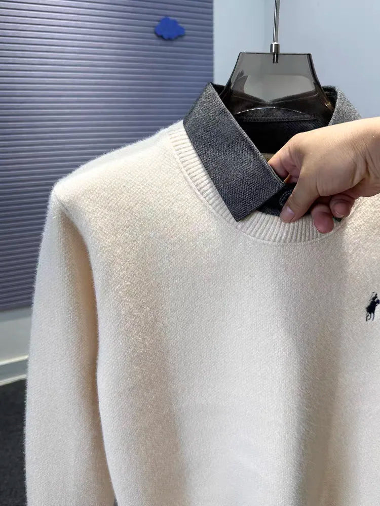 High quality velvet shirt collar sweater men's trendy luxury brand classic Paul embroidery casual top winter warm knit pullover