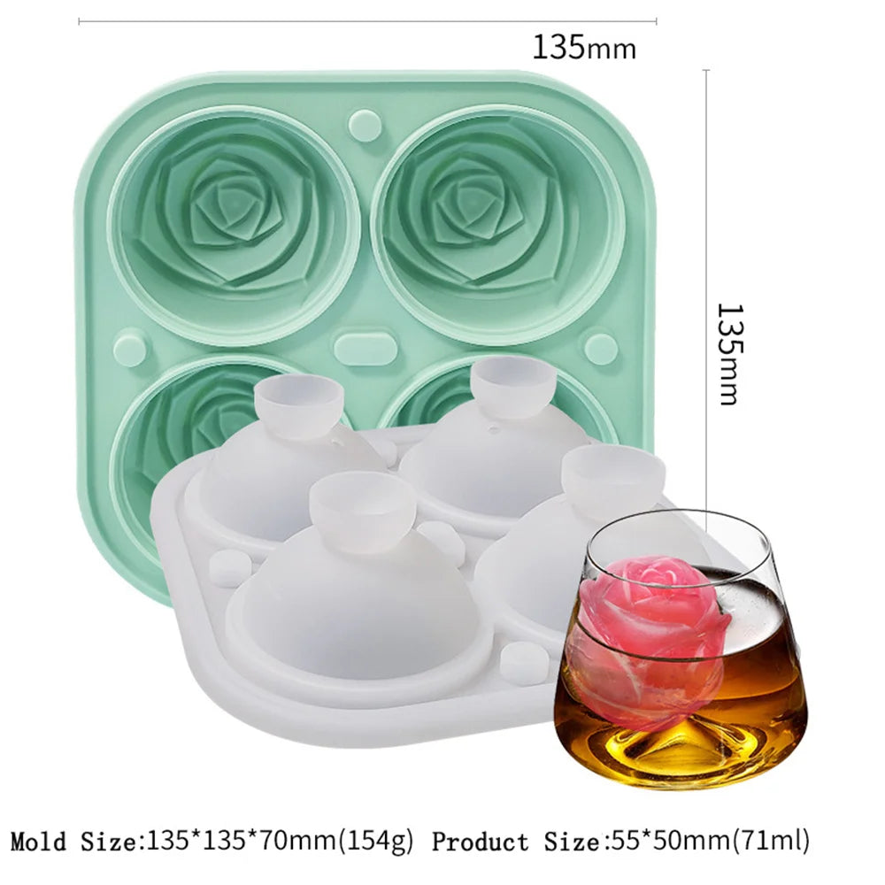 Silicone Rose Ice Cube Mold 3D Flower Shape Ice Cube Tray with Lid Ice Ball Maker for Cocktails Juice Whiskey Kitchen Gadget
