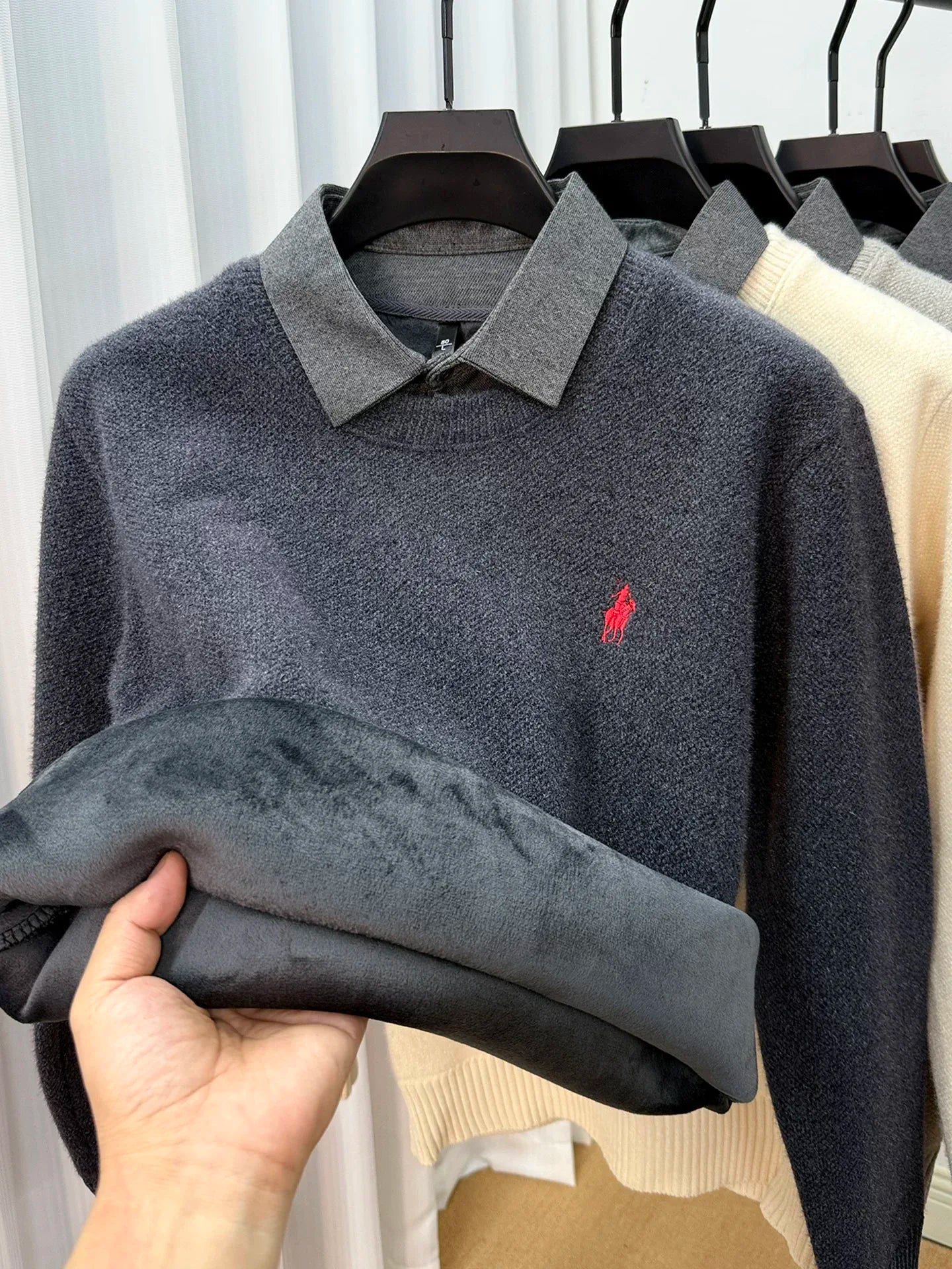 High quality velvet shirt collar sweater men's trendy luxury brand classic Paul embroidery casual top winter warm knit pullover