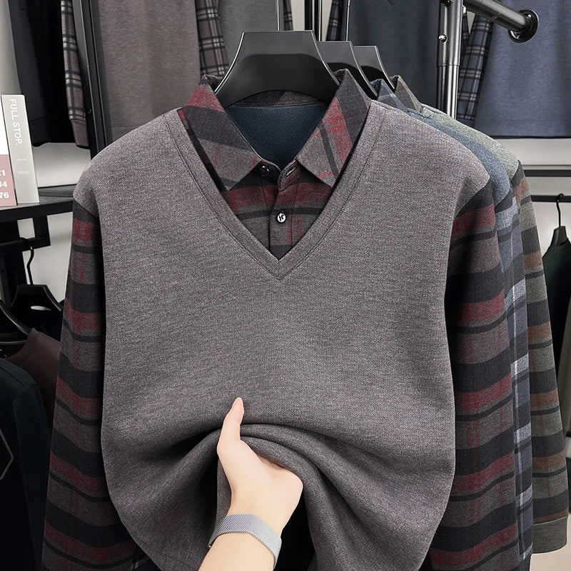 BROWON 2025 Elegant Winter T-shirt Men Thick Fleece Long Sleeve Turn Down Collar Fake Layered T-shirt Man Oversized Dad Clothes