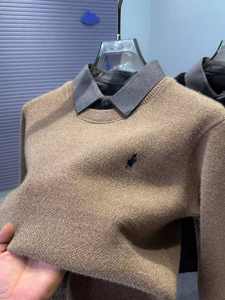 High quality velvet shirt collar sweater men's trendy luxury brand classic Paul embroidery casual top winter warm knit pullover