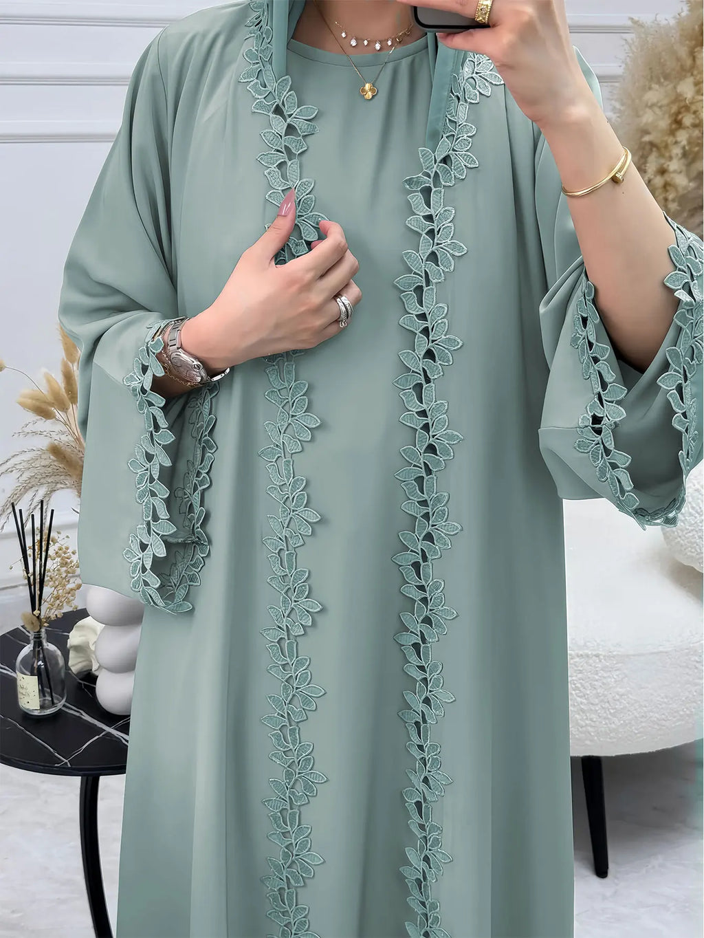 Green Muslim Abaya Long length Robe with Artistic Leaf Embroidery for Women Seeking a Blend of Traditional and Stylish Design
