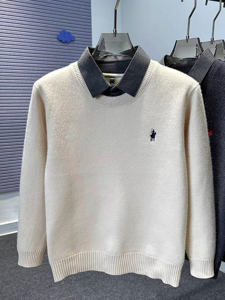 High quality velvet shirt collar sweater men's trendy luxury brand classic Paul embroidery casual top winter warm knit pullover