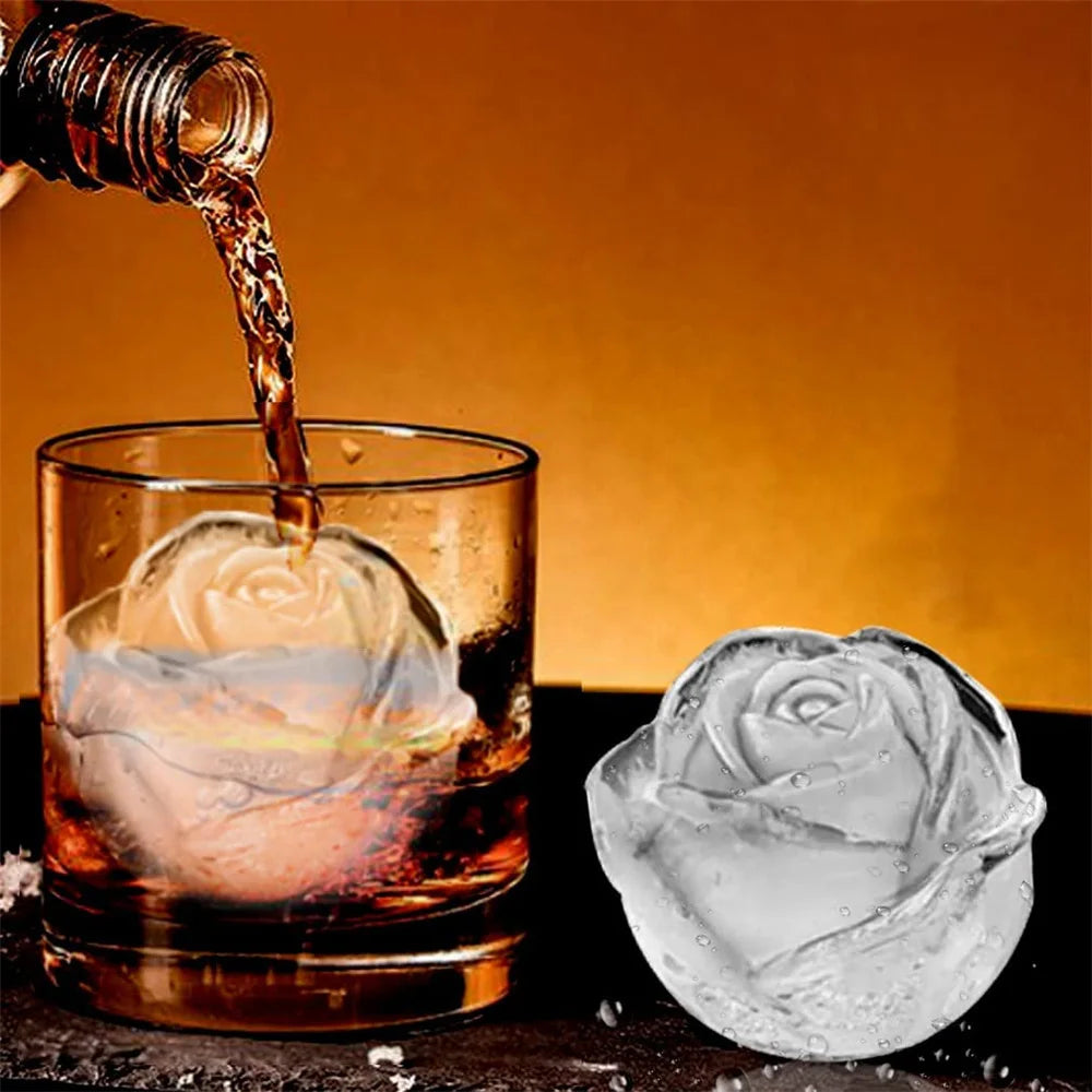 Silicone Rose Ice Cube Mold 3D Flower Shape Ice Cube Tray with Lid Ice Ball Maker for Cocktails Juice Whiskey Kitchen Gadget