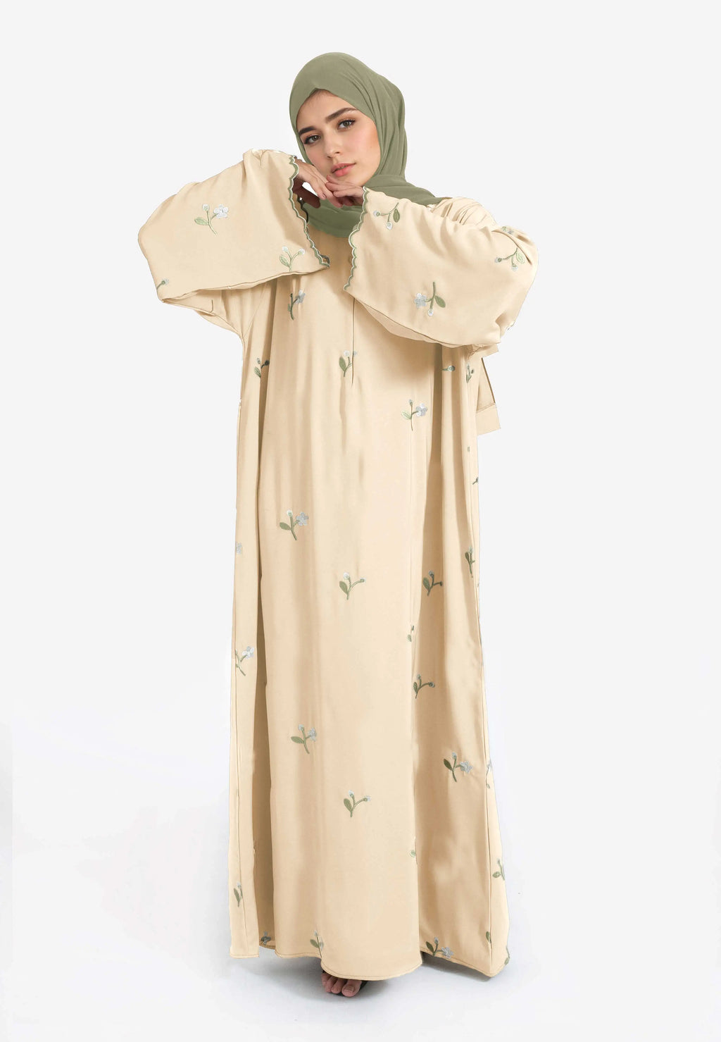 Stylish Muslim Islamic Abaya for Women Light Green Floral Embroidery Delicate Cuffs Ideal for UAE Saudi Arabia Qatar