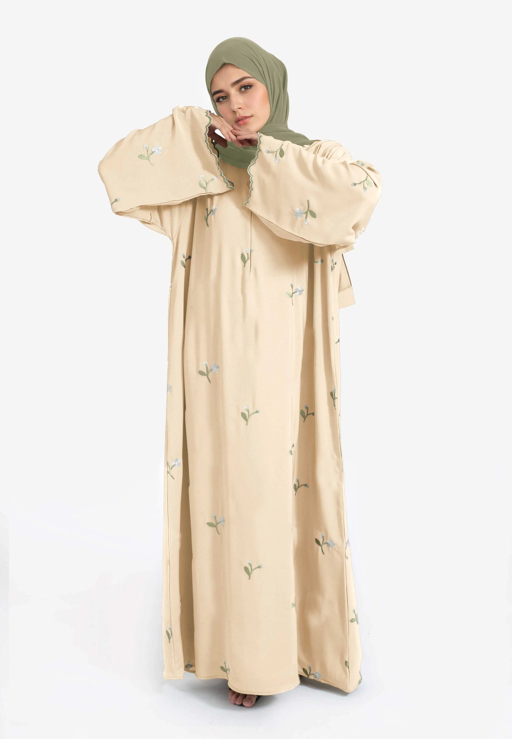 Stylish Muslim Islamic Abaya for Women Light Green Floral Embroidery Delicate Cuffs Ideal for UAE Saudi Arabia Qatar