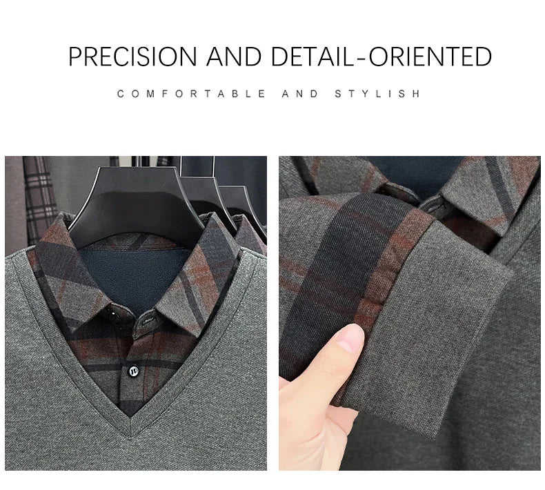 BROWON 2025 Elegant Winter T-shirt Men Thick Fleece Long Sleeve Turn Down Collar Fake Layered T-shirt Man Oversized Dad Clothes