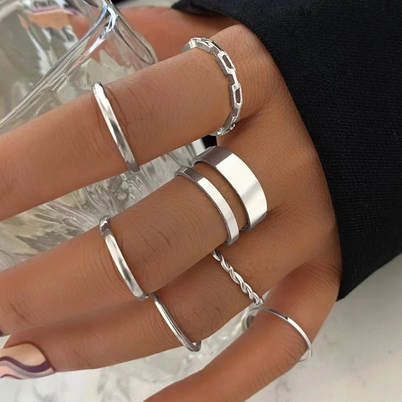 7pcs Ring European And American Alloy Metal Joint Ring Geometric Creativity Simple Ins Style Ring Combination Set