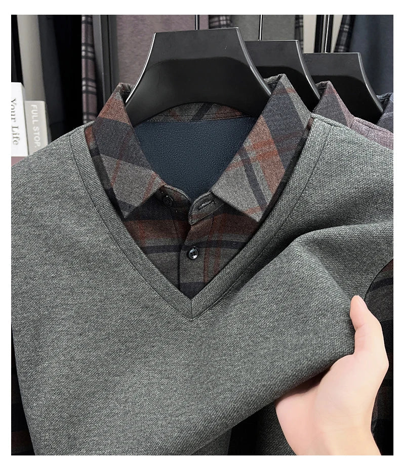 BROWON 2025 Elegant Winter T-shirt Men Thick Fleece Long Sleeve Turn Down Collar Fake Layered T-shirt Man Oversized Dad Clothes