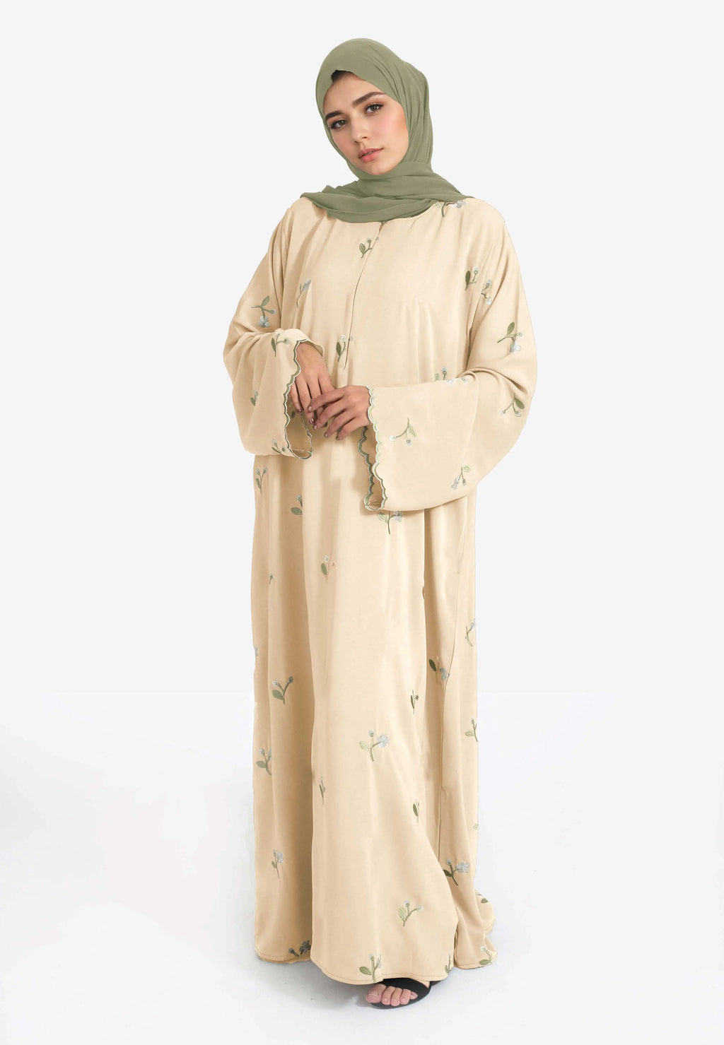 Stylish Muslim Islamic Abaya for Women Light Green Floral Embroidery Delicate Cuffs Ideal for UAE Saudi Arabia Qatar
