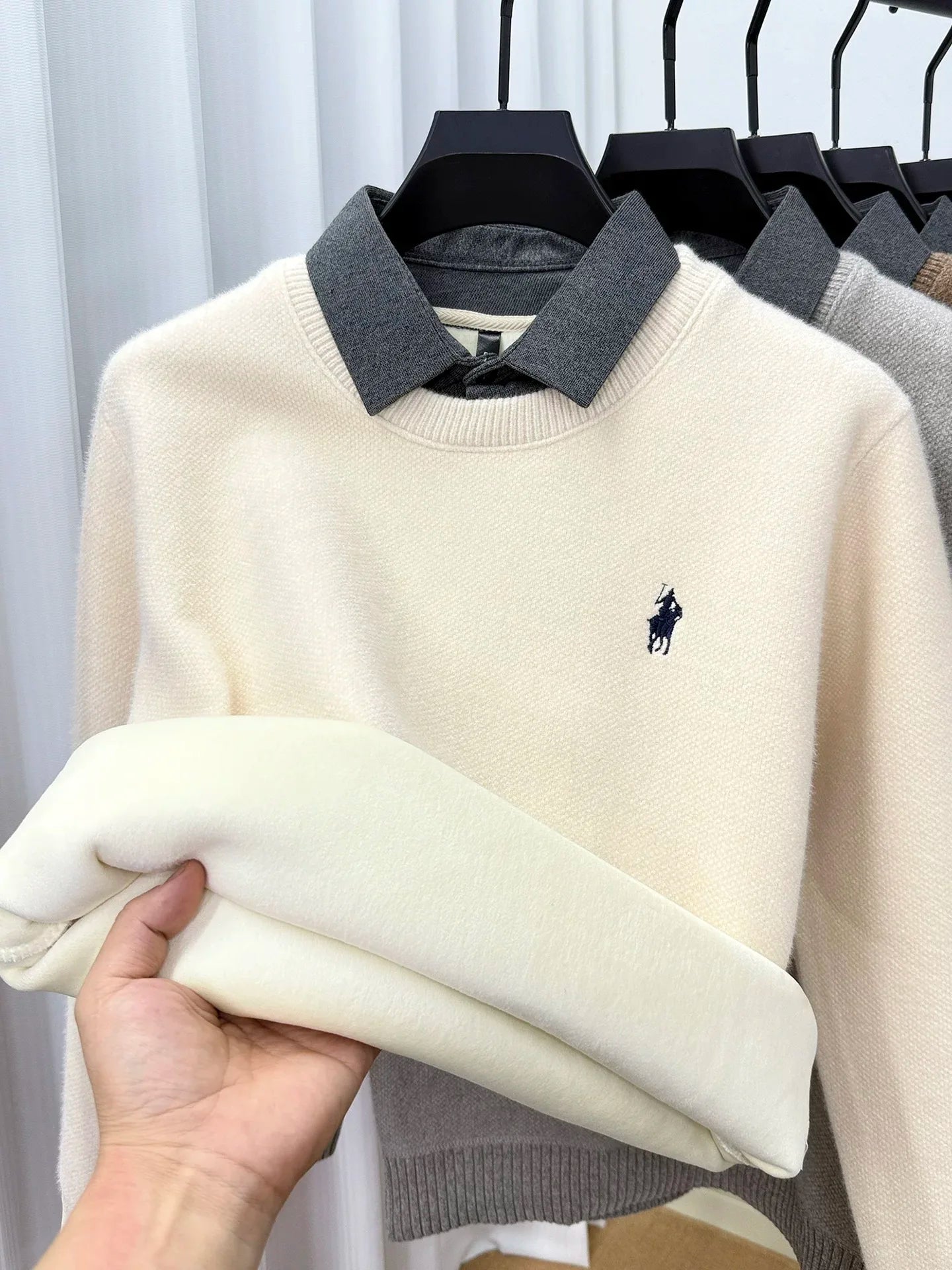 High quality velvet shirt collar sweater men's trendy luxury brand classic Paul embroidery casual top winter warm knit pullover