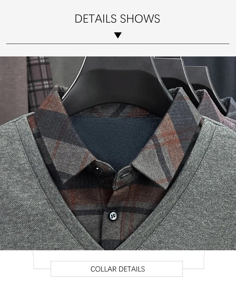 BROWON 2025 Elegant Winter T-shirt Men Thick Fleece Long Sleeve Turn Down Collar Fake Layered T-shirt Man Oversized Dad Clothes