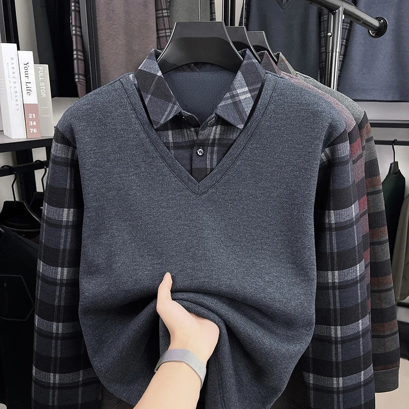 BROWON 2025 Elegant Winter T-shirt Men Thick Fleece Long Sleeve Turn Down Collar Fake Layered T-shirt Man Oversized Dad Clothes