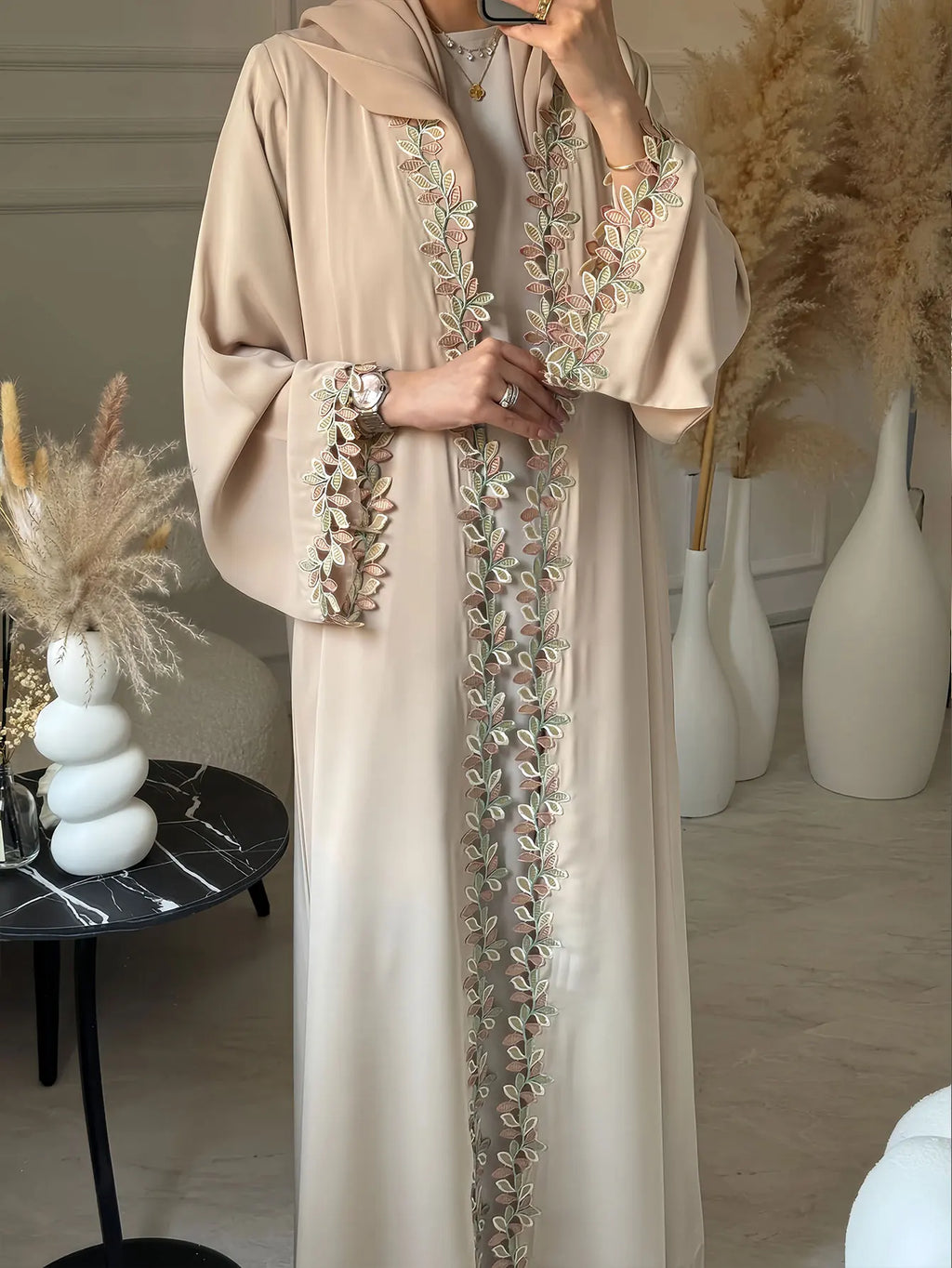 Green Muslim Abaya Long length Robe with Artistic Leaf Embroidery for Women Seeking a Blend of Traditional and Stylish Design