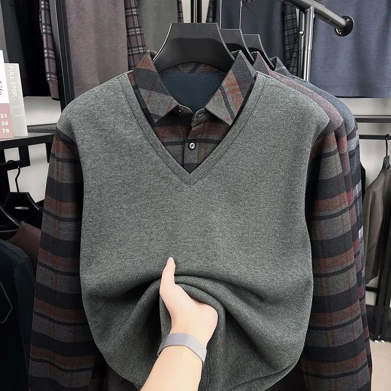 BROWON 2025 Elegant Winter T-shirt Men Thick Fleece Long Sleeve Turn Down Collar Fake Layered T-shirt Man Oversized Dad Clothes