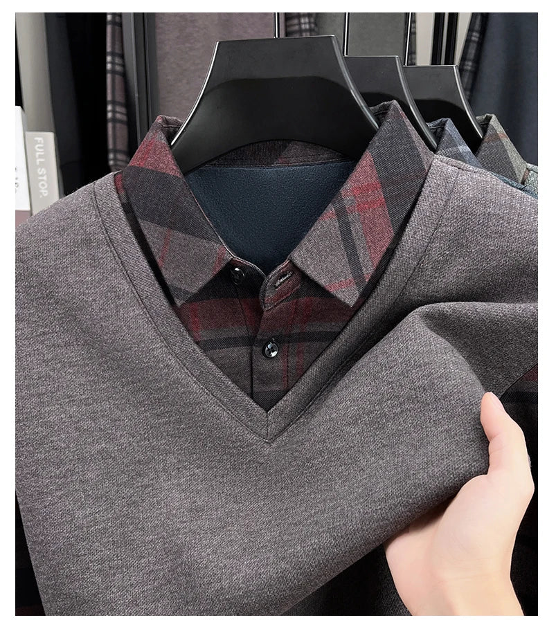 BROWON 2025 Elegant Winter T-shirt Men Thick Fleece Long Sleeve Turn Down Collar Fake Layered T-shirt Man Oversized Dad Clothes