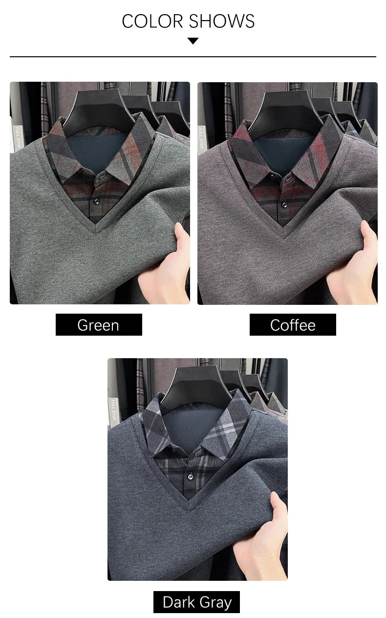BROWON 2025 Elegant Winter T-shirt Men Thick Fleece Long Sleeve Turn Down Collar Fake Layered T-shirt Man Oversized Dad Clothes