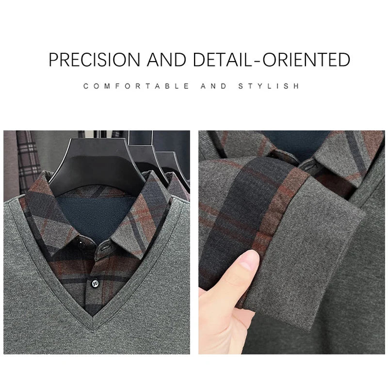BROWON 2025 Elegant Winter T-shirt Men Thick Fleece Long Sleeve Turn Down Collar Fake Layered T-shirt Man Oversized Dad Clothes