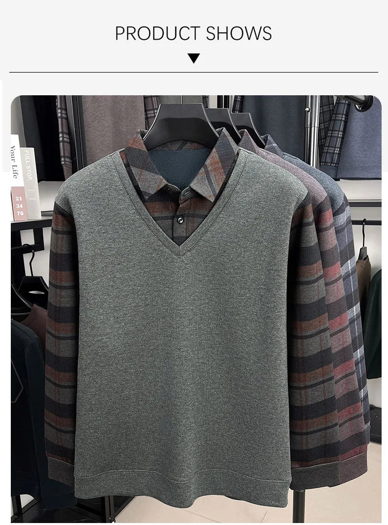 BROWON 2025 Elegant Winter T-shirt Men Thick Fleece Long Sleeve Turn Down Collar Fake Layered T-shirt Man Oversized Dad Clothes