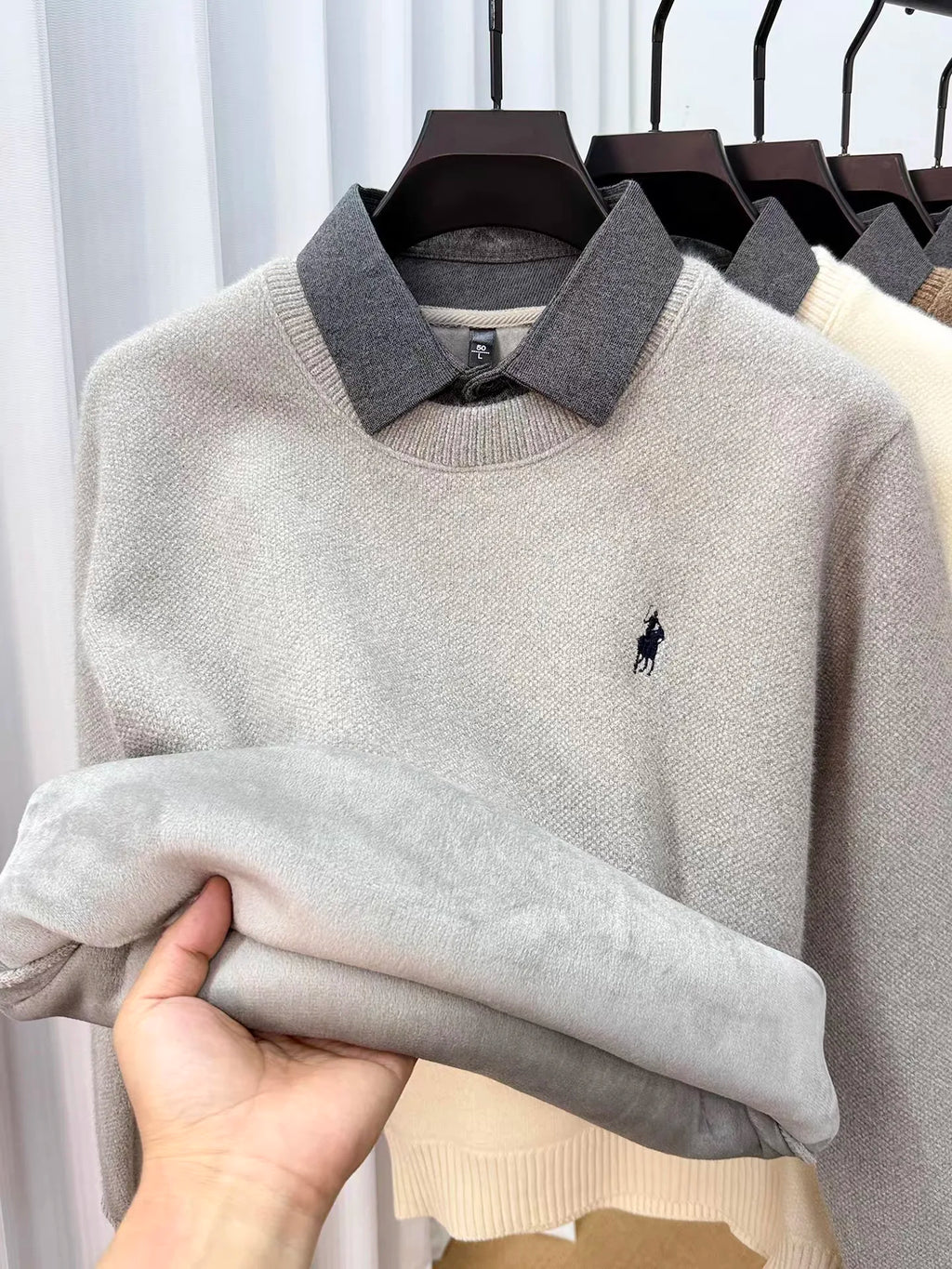 High quality velvet shirt collar sweater men's trendy luxury brand classic Paul embroidery casual top winter warm knit pullover