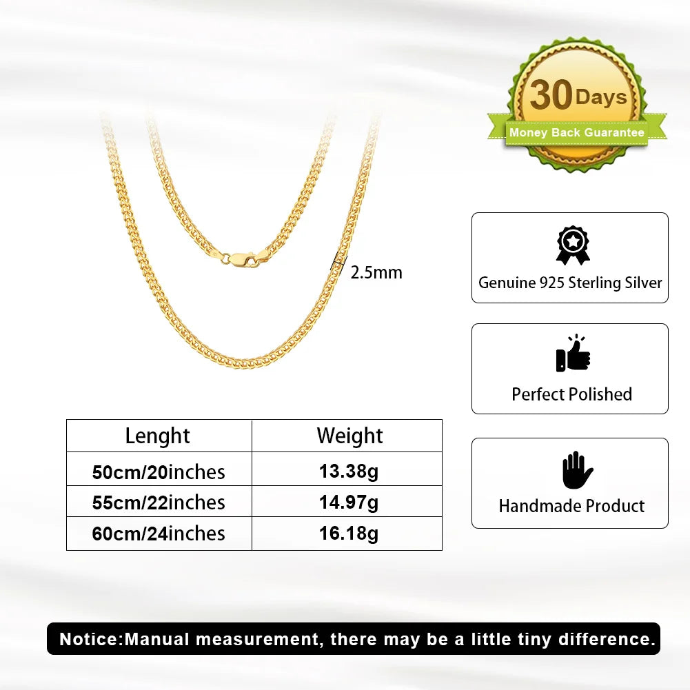 ORSA JEWELS Hip Hop 18K Gold 2.5mm Franco Chain Necklace for Men Fashion 925 Sterling Silver Choker Necklace Party Jewelry NMN13